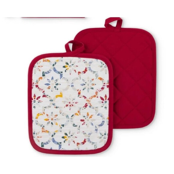 Ogee Tile Kitchen Towels Potholders Oven Mitt Reverses to Red Loops 5pc Gift NEW - Picture 6 of 7